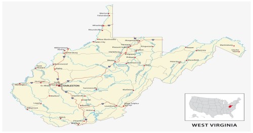 Map of West Virginia highlighting major cities and highways, with an inset showing its location in the United States.
