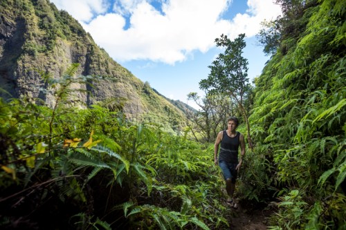 A person walking through a lush green trail surrounded by mountains and blue skies.