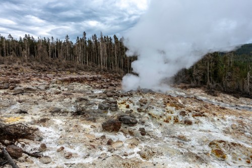 Steam rises from a geothermal area surrounded by rocky terrain and sparse trees under a cloudy sky.