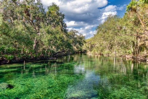 A serene river surrounded by lush greenery and trees under a partly cloudy sky. Crystal-clear water reflects the landscape.