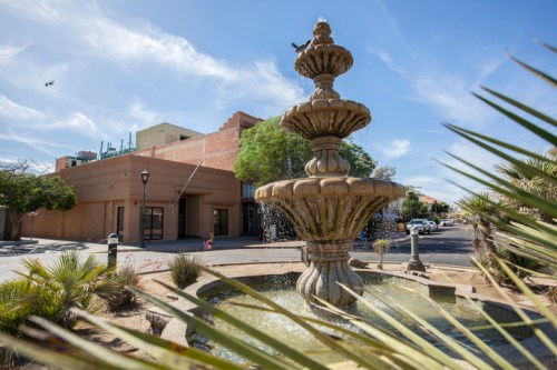 A decorative fountain surrounded by palm plants, with a building and blue sky in the background.