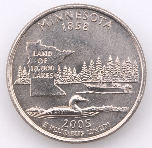 A Minnesota quarter featuring a loon on water, a boat, and trees, with "1858" and "Land of 10,000 Lakes" inscribed.