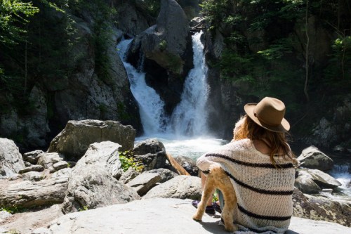 A person in a hat sits on a rock with a dog, gazing at a waterfall surrounded by lush greenery.