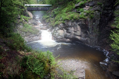 A serene river flows through rocky cliffs, with a wooden bridge crossing above, surrounded by lush greenery.