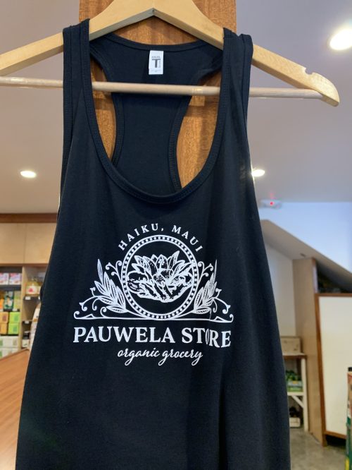 Black tank top hanging on a wooden hanger, featuring "Pauwela Store" logo and "Haiku, Maui" text.