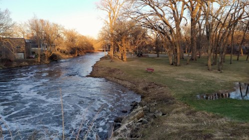 A serene river flows beside a grassy park with trees, bathed in warm sunlight during early evening.