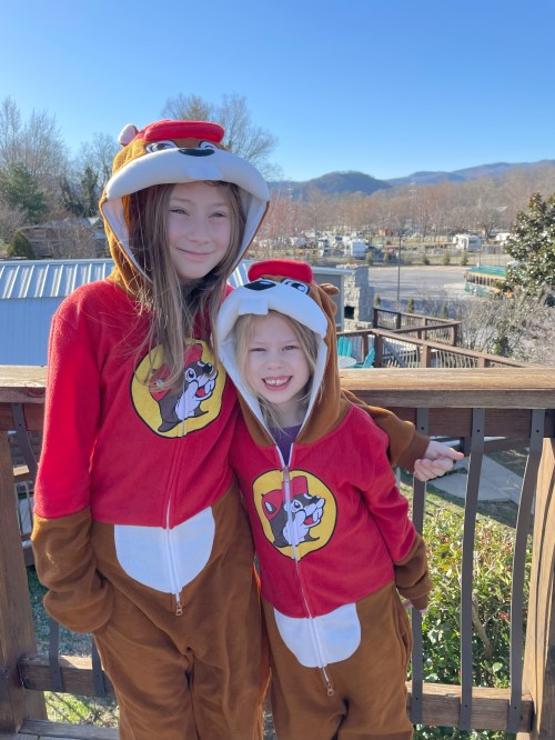 Two girls in matching brown animal hoodies stand on a wooden deck with a scenic background of trees and mountains.