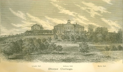Illustration of Storer College, featuring Lincoln Hall, Anthony Hall, and Myrtle Hall, set against a cloudy sky.