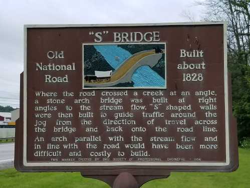 Historical marker for the "S" Bridge on the Old National Road, built around 1828, explaining its design and purpose.