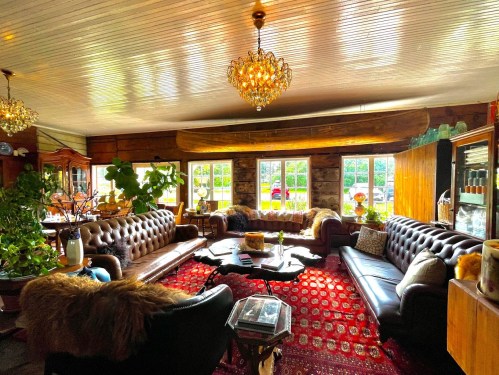 Cozy living room with leather sofas, a large rug, plants, and bright windows, featuring a rustic wooden canoe overhead.