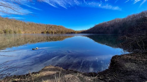 A serene lake surrounded by trees, reflecting a clear blue sky and distant hills on a calm day.