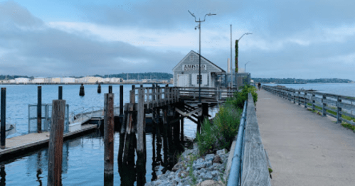 A wooden pier extends into calm water, with a building in the background and cloudy skies overhead.