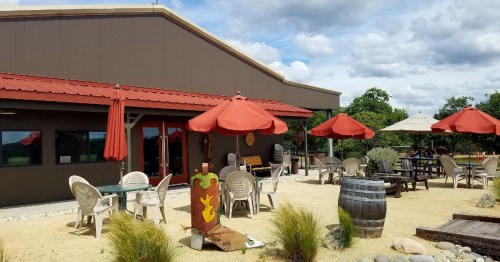Outdoor seating area with umbrellas, tables, and barrels near a modern building, surrounded by greenery and gravel.