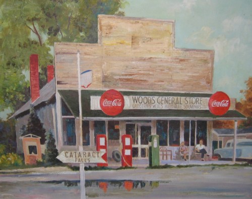A vintage general store with Coca-Cola signs, gas pumps, and a sign pointing to Cataract Falls.