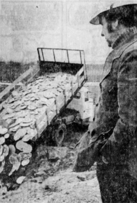 A man in a hat watches as a truck unloads large, flat objects onto the ground.