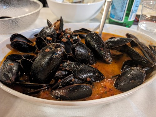 A white bowl filled with black mussels in a rich, reddish sauce, garnished with bits of seasoning.