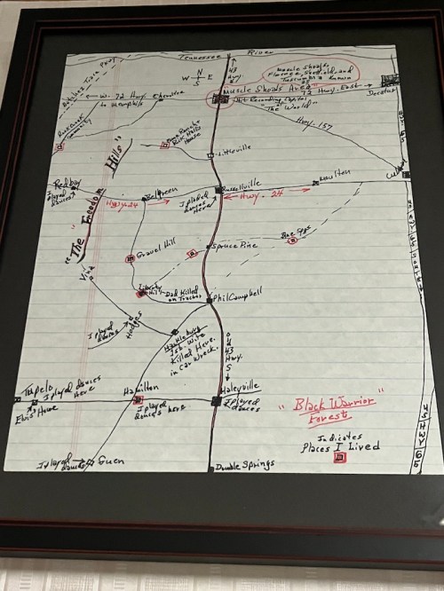 Hand-drawn map of the Black Warrior Forest area, marking various locations and routes with handwritten notes.