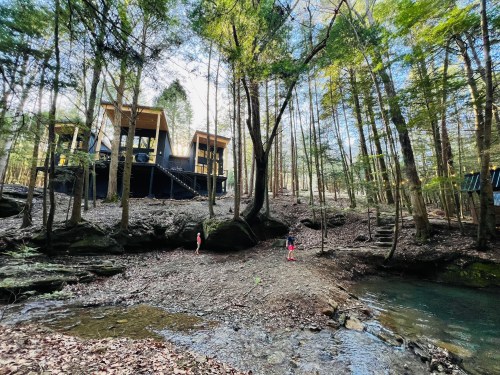 A modern cabin in the woods, surrounded by trees, with a small stream and two people walking nearby.
