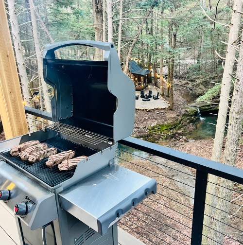 A grill with steaks cooking, overlooking a serene forest and a creek with a cozy cabin in the background.