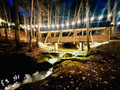 A wooden bridge illuminated by string lights spans a dark forest with a small waterfall and stream below.