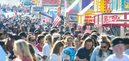 A crowded street fair with food stalls, flags, and people enjoying the festivities on a sunny day.