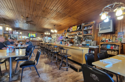 A cozy diner interior with wooden walls, a long counter, tables, and patrons enjoying their meals.