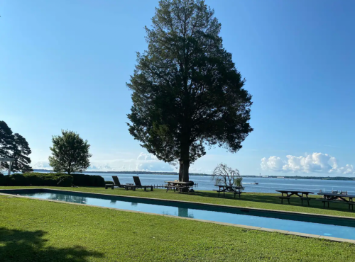 A serene outdoor scene featuring a pool, lush green lawn, and trees by a calm body of water under a clear blue sky.