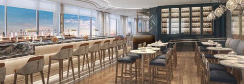 Modern bar and dining area with elegant seating, marble tables, and large windows showcasing a scenic view.