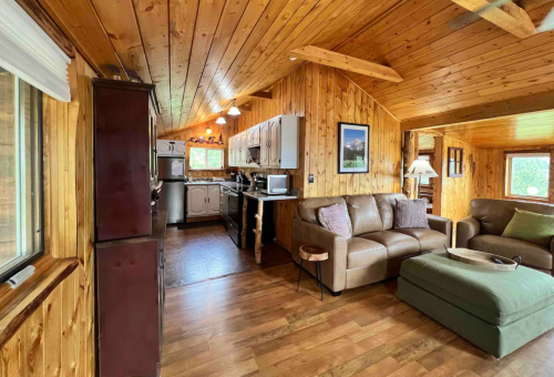 Cozy wooden cabin interior featuring a living area, kitchen, and comfortable seating. Warm, inviting atmosphere.