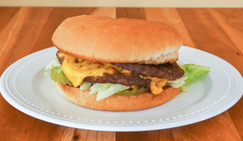 A cheeseburger with lettuce and pickles on a toasted bun, served on a white plate.