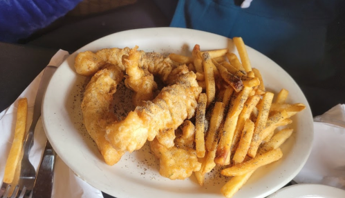 A plate of crispy fried fish fillets served with golden French fries, sprinkled with seasoning.