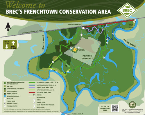Map of BREC's Frenchtown Conservation Area, showing trails, access points, and surrounding features.