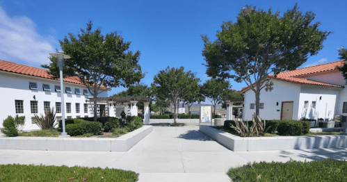 A sunny outdoor area with white buildings, trees, and a pathway leading to a green space.