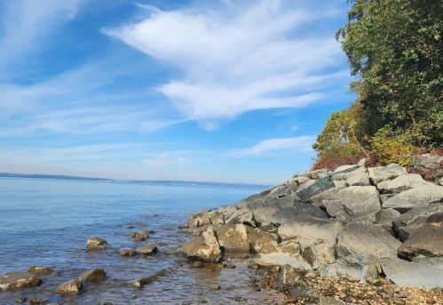 A serene lakeside view with rocky shorelines, clear water, and a blue sky with scattered clouds.