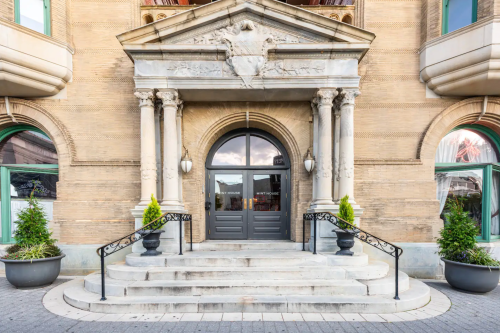 Elegant entrance with stone steps, ornate columns, and large doors, flanked by potted plants and decorative railings.