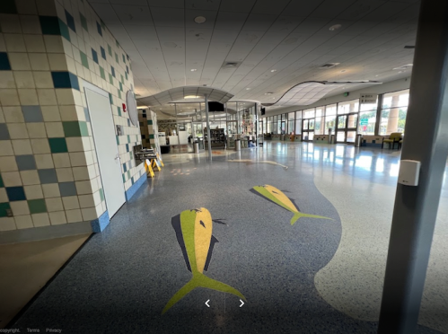 Interior of a spacious lobby with colorful fish designs on the floor and large windows letting in natural light.