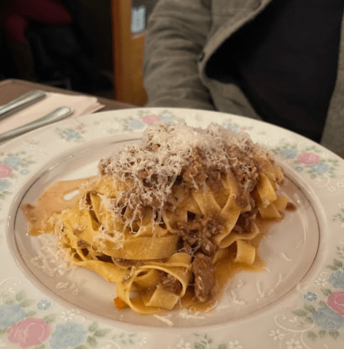 A plate of fettuccine pasta topped with a rich meat sauce and grated cheese, served on a floral-patterned dish.