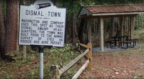 Sign for Dismal Town, detailing its history, next to a picnic area in a wooded setting.