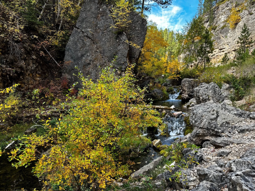 A serene landscape featuring a rocky stream surrounded by vibrant autumn foliage and towering cliffs.