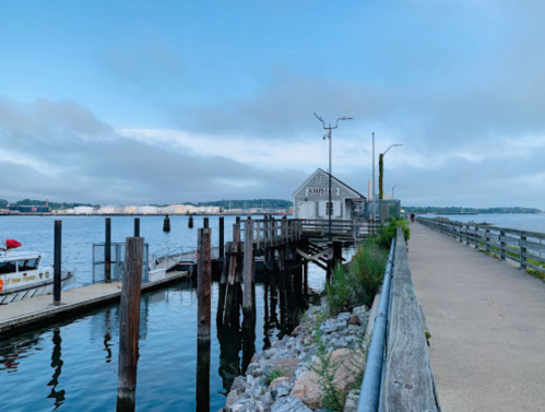 A serene waterfront scene featuring a wooden pier, a small building, and calm waters under a cloudy sky.