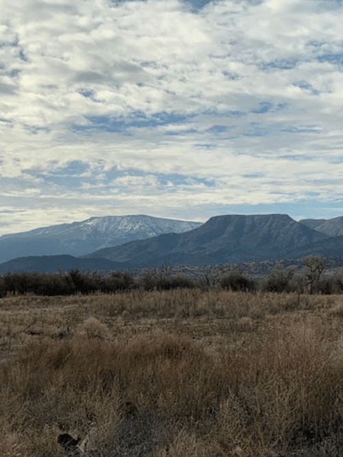 A scenic view of mountains under a cloudy sky, with dry grass in the foreground.