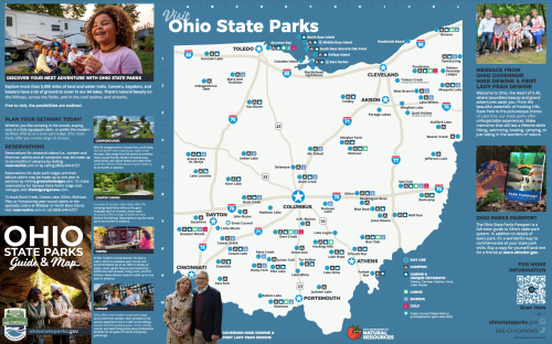 Map of Ohio State Parks with images of families enjoying nature, park details, and contact information for planning visits.