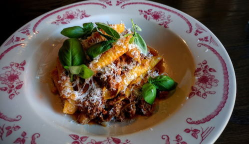 A plate of pasta topped with meat sauce, grated cheese, and fresh basil leaves, served on a decorative red floral plate.