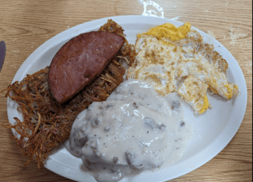 A plate with crispy hash browns, a slice of sausage, scrambled eggs, and creamy sausage gravy.
