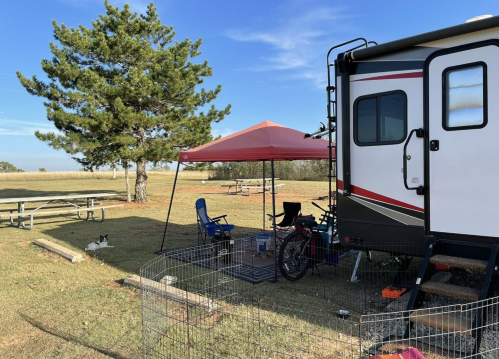 A campsite with a trailer, red canopy, chairs, and a dog in a fenced area, set against a clear blue sky.