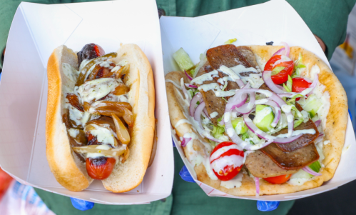 Two food items: a hot dog with onions and sauce, and a pita filled with sliced meat, lettuce, tomatoes, and sauce.