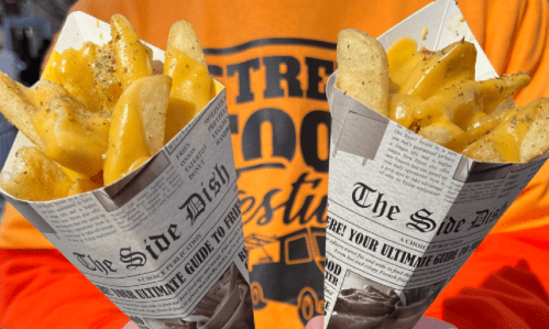 Two paper cones filled with cheesy fries, one topped with herbs, held by a person in an orange shirt.