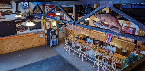 A rustic bar interior with wooden beams, a mounted bobcat, and a long counter with stools.