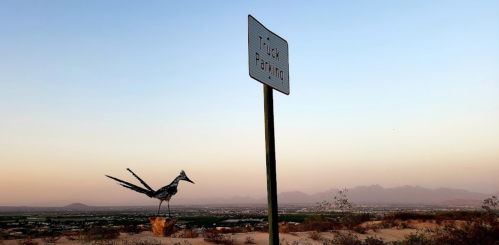 A metal bird sculpture stands beside a sign that reads "River Barriers," with a sunset landscape in the background.