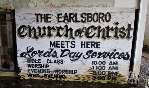 Sign for The Earlsboro Church of Christ, listing service times: Bible Class, Worship, Evening Worship, and Wed. Evening.